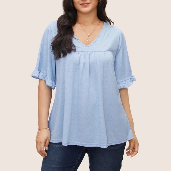 BloomChic Plus Size 2XL Solid Gathered Ruffle Trim Flounce Sleeve T-shirt us18 - Picture 1 of 7